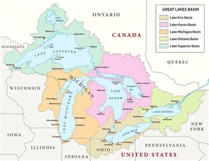 How many lakes border the Great Lakes?