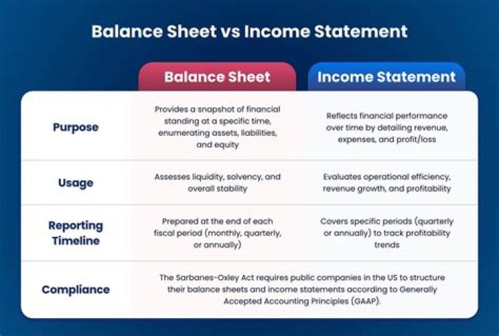 What are the main differences between a balance sheet and an income statement?