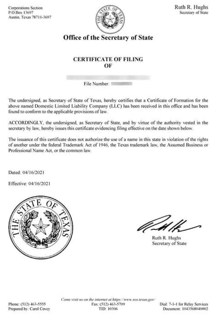 What is a certificate of filing issued by Secretary of State?