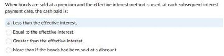 When bonds are sold at a premium and the effective interest method is used?